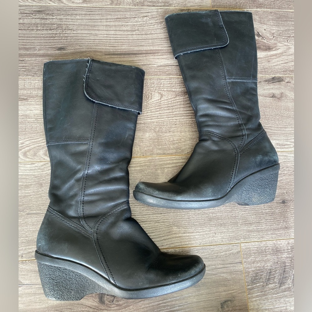 Hush Puppies waterproof black leather wedge heeled tall boots